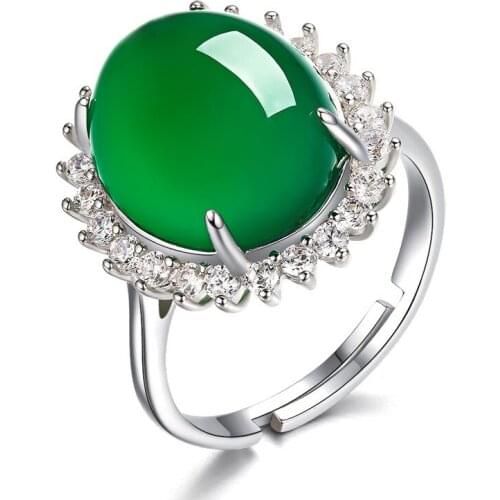 New silver inlaid with green chalcedony adjustable ring noble elegant unique charm Chinese womens brand jewelry