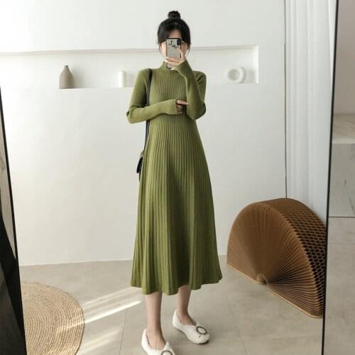 EHQAXIN Autumn Winter New Womens Knit Dress All-Match Half-High Collar A-Shaped Long Pleated Bottoming Sweater Dress Female S-XL