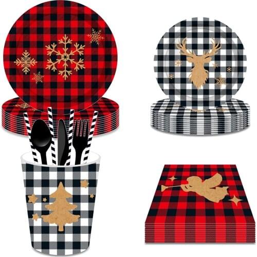 Lattice Lumberjack Cartoon Deer Christmas Birthday Party Disposable Tableware Sets Paper Plates Cups Xmas Party Decorations