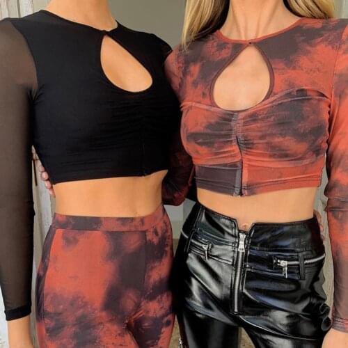 2021 Spring Sexy Women Tie Dye Hollow Out T-shirt Long Sleeve Split Sheer Crop Top Blouse Tops