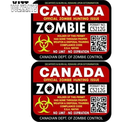 Volkrays 2 X Fashion Car Sticker Canada Zombie Hunting License Permits Accessories Sunscreen PVC Decal for Passat Mazda,9cm*12cm