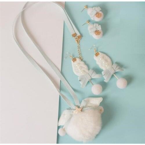 Angel Heart Wing Pom Pom Ball Hair Clip Sweet Lolita Girl Hairpin Ear Cover Earmuffs Necklace B1561