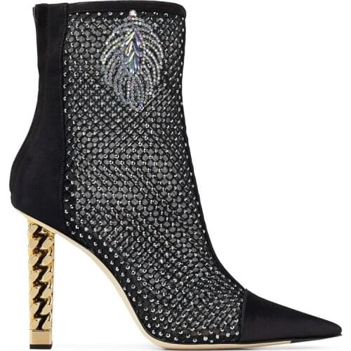 Point Toe Mesh High Heel Summer Boots Women Sexy Black Leaves Rhinestone Womens Ankle Boots Gold Square Heel Boots Zipper Boots
