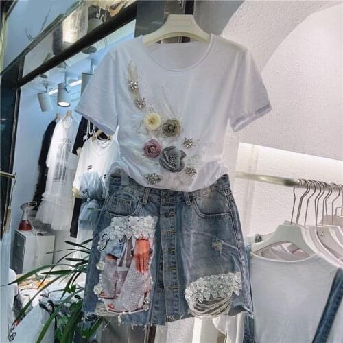 Two Piece Set for Women 2021 Summer New Three-Dimensional Flower T Shirt + Rhinestone Beaded High Waist Skirts Suits Femme