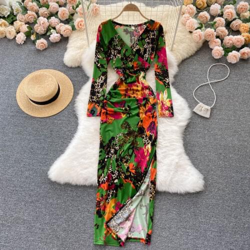 SINGREINY Women Retro Print Maxi Dress Fashion Long Sleeve V Neck Slim Dresses Autumn Bohemian Sexy Split Vacation Long Dress