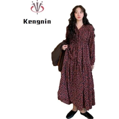 2020 Spring Autumn Women Dress Plus Size 4XL Female Print Female Vestidos A-Line Elegant Loose Robe V-Neck Dress Clothes KE532