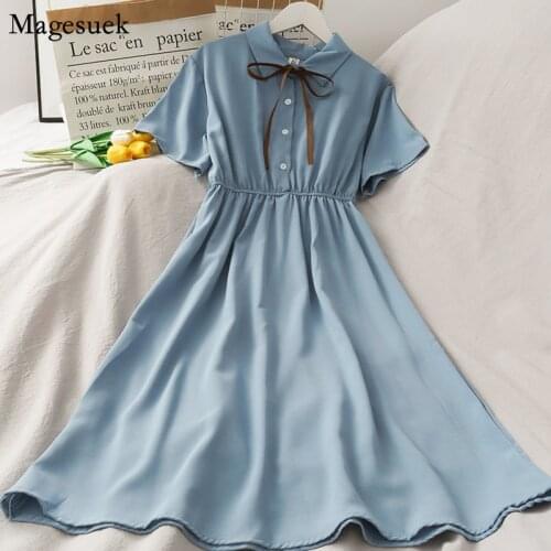 Preppy Style Lace-Up High-Waist Dress For Women Korean 2021 Summer Holiday Elegant Dresses Short Sleeve Chiffon Dress Robe 14385