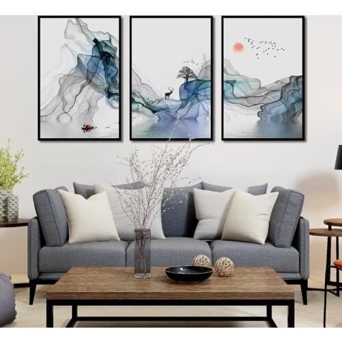 Chinese Style Abstract Landscape Canvas Painting Art Photo Sun Big Geese Deer Mountain Peak Print Wall Poster Home Decoration