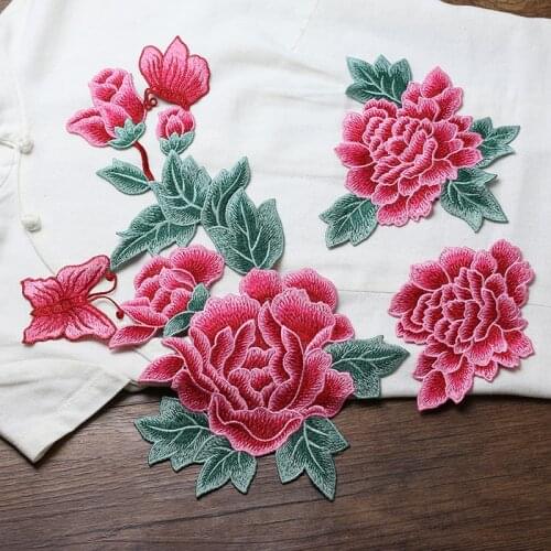 Large Peony Patch Embroidered Flowers With Butterfly Cloth Sticker Art Embroidery Sew On Patch with Free Shipping