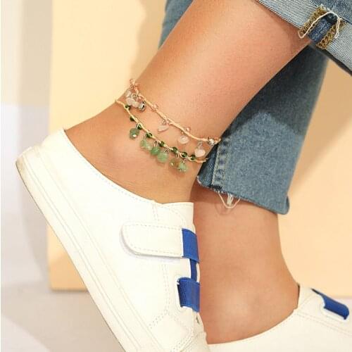 Metal Bells Natural Stone Anklet Handmade Leg Foot Chain Beach Ankle Bracelet Adjustable for Women Girls Fashion Jewelry