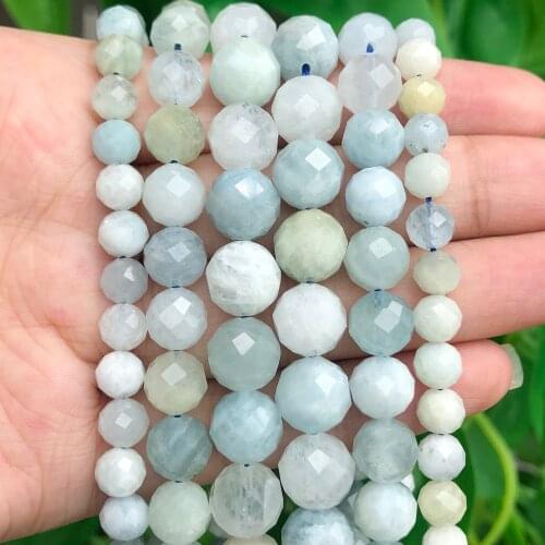 6/8/10mm Natural Stone Beads Faceted Aquamarina Loose Gems Stone Beads for Jewelry Making DIY Bracelet Accessories 7.5/15inchs