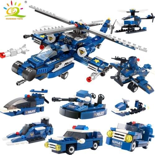 HUIQIBAO Toys 515PCS 8in1 City Police Helicopter Building Blocks For Children Swat Figures Boat Truck Vehicles Bricks