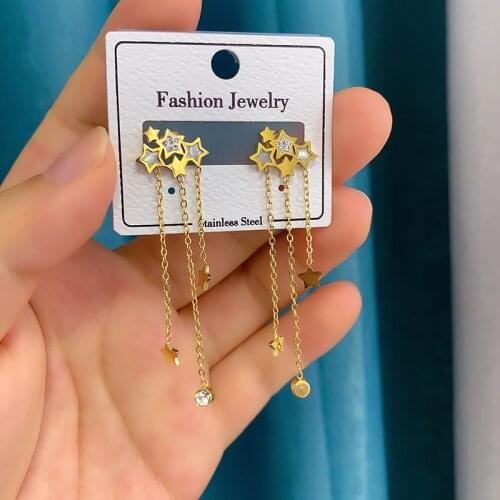 Korean Fashion Star Crystal Titanium Chain Earrings Femme Dangle Drop Earrings Wholesale Charming Stud Jewelry Party