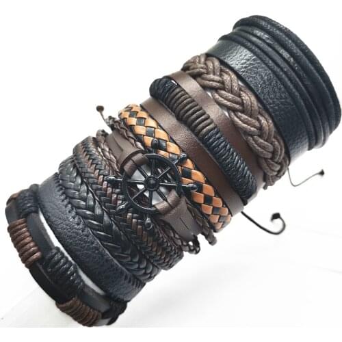Black Rudder Handmade Feather Star Wing Blade Beads Skull Leather Bracelets 4pcs/set Men Bracelets Women Fashion Jewelry