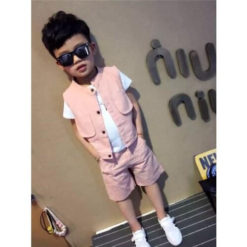 Fashion Kids Boys Clothing 3pcs Set Cotton Short T shirt & Vest & Pants Childrens Casual Formal Pink Suit Sets for 3T-8T SA1313