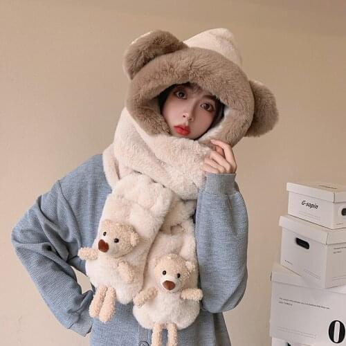 2021 new design bear female winter cute female 100% wool hat scarf gloves integrated high quality plush cap three-piece hat