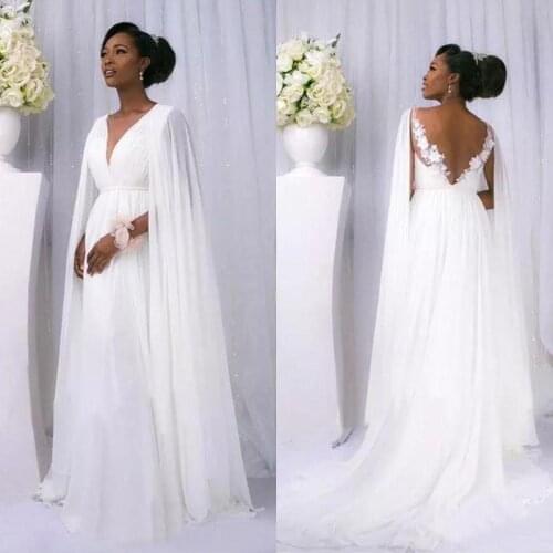 African 2021 White Chiffon Cape Sleeve Beach Country Wedding Dresses Cheap Backless V Neck Maternity Bridal Gowns Custom Made