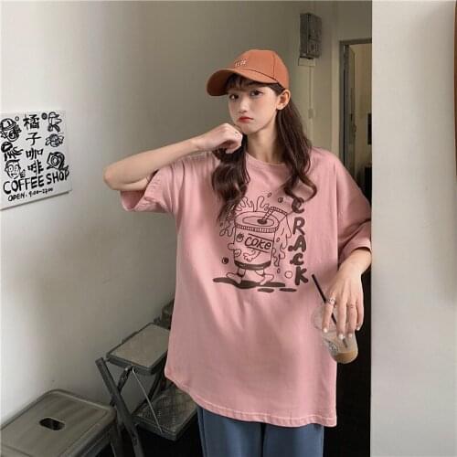 Harajuku Shirt Hand-Painted Cartoon Drink Pattern Kawaii T-Shirt For Girls Sweet Korean Clothes Lively Aesthetic Female Dress