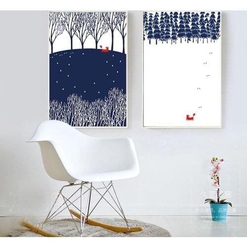 Nordic Cute Cartoon Pine Trees Snowing Landscape Canvas Painting Poster Print Chic Wall Drawing Ornament For Cafe Bedroom Shop