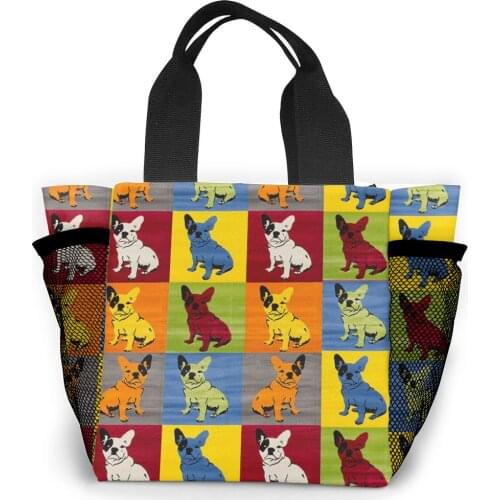 French Bulldog Harajuku Shopper Bag French Bulldog Prints Canvas Shopping Shoulder Top Shopper Totes Small Mesh Pocket Handbag