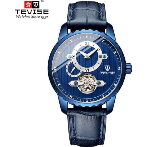 TEVISE Mens Watches Mechanical Automatic Watch Men Tourbillon Clock Leather Casual Business Luminous Hands Wristwatches+Box