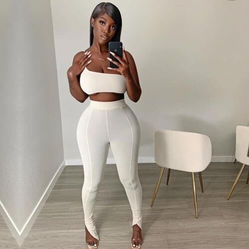 Workout Athletic Outfit Womens 2 Pieces Single Shoulder Thin Straps Crop Top+Tight Pencil Long Pants Split Hem Yoga Legging Gym