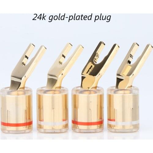 4pcs SY1528 Pure Copper Gold Plated Spade Fork Plug For Speaker Cable Screw Locking Speaker Cable Connector