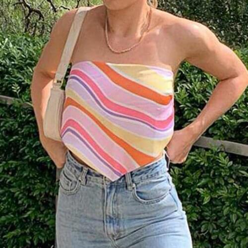 Womens T-Shirts 2021 rainbow stripes bandeau top women summer strapless scarf satin camis tops y2k street outfit party top