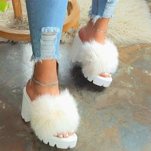 Women Slippers Furry Plush Ladies Elegant Soft PU Leather Woman High Thick Heels Open Toe Female Sandalias Zapatos De Mujer