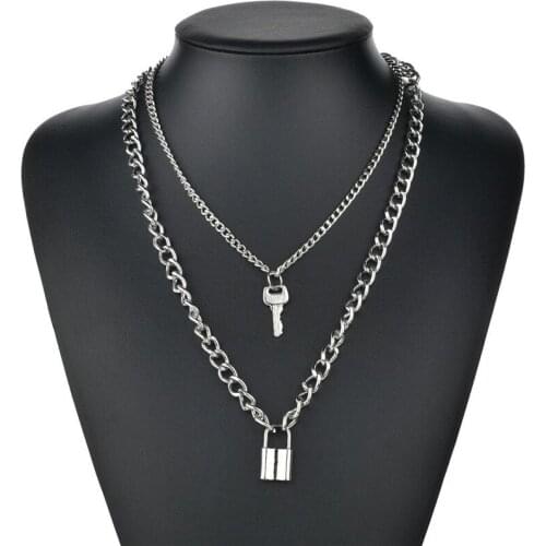 Women Padlock Multilayer Lock Chain Necklace Punk Key Pendant Necklaces Girl Gothic Party Jewelry Chains Statement Necklaces