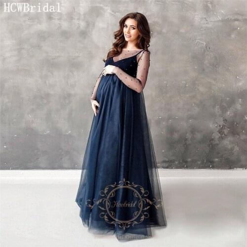 Plus Size Navy Blue Long Sleeves Evening Dress For Pregnant Women Pearls Tulle High Waist Maternity Dresses For Prom Customize