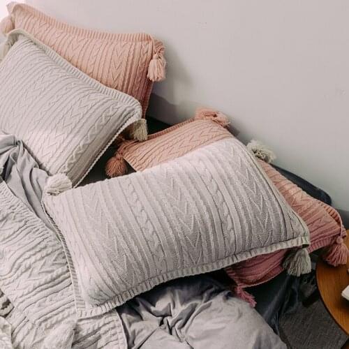 48X74CM Solid green/grey/pink/yellow knitted wool pillowcase with tassel jaquard pillow case warm single pillow cover bed
