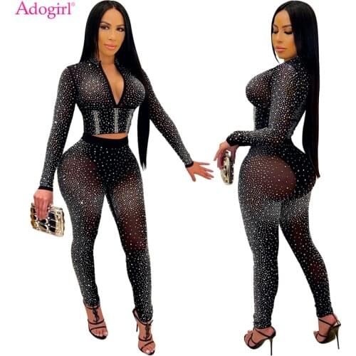 Adogirl Crystal Diamonds Sheer Mesh Two Piece Set Night Club Suit Zipper Long Sleeve Slim Crop Top Pencil Pants with Underwear