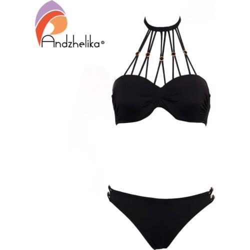 Andzhelika Sexy Bandage Bikinis 2021 Women New Swimsuit Solid Push Up Bikini Set Strapless Bathing Suit Swimwear Female Monokini