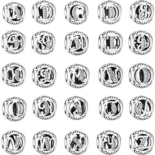 Authentic 925 Sterling Silver Vintage A to Z Crystal Alphabet Letter Beads Fit Original Charm Bracelet Bangle DIY Jewelry