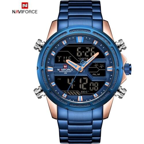 NAVIFORCE Men Rose Gold Blue Watches Business Fashion Quartz Analog Led Digital Calendar Chronograph Stainless Steel Male Watch