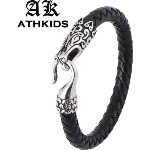 Black/Brown Leather Braided Bracelet Men New Design S.Steel Toggle Clasp Animal Bracelet Male Wristband Punk Jewelry PD0389