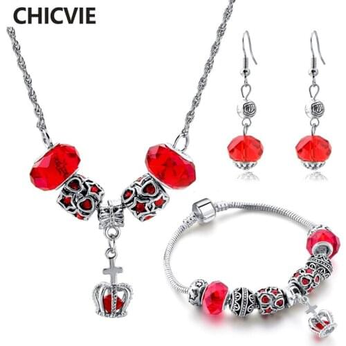 CHICVIE Red Crown Bride Suit Necklace Earrings Bracelet Set For Women Wedding Crystal Jewelry Sets Silver Jesus Set SET190012