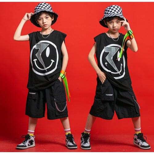 Kids Street Dance Costumes Black Loose Tops Shorts Suit Jazz Performance Costumes Hip Hop Modern Dance Stage Outfits DQS7516