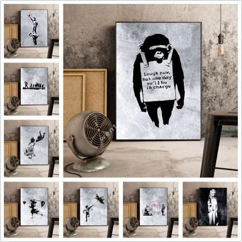 Banksy Graffiti Art Pictures Abstract Canvas Painting Black White Wall Art Posters and Prints Modern Living Room Home Decor