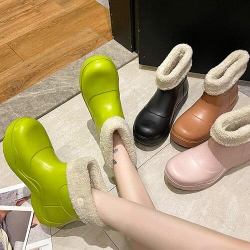 2021 New BV Rain Boots Candy Colors Women Ankle Boots Plush Warm Winter Boots Thick Bottom PU Leather Boots Women Booties Female