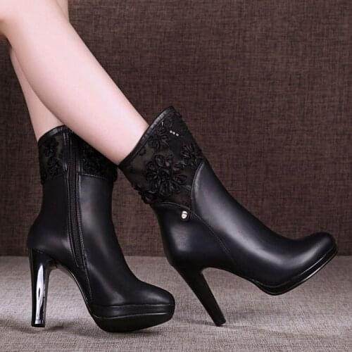 New Women Boots Ankle PU Leather Zipper Booties High Heels Autumn Shoes Black Winter Boots Zapatos De Mujer Pointed Toe T3-15
