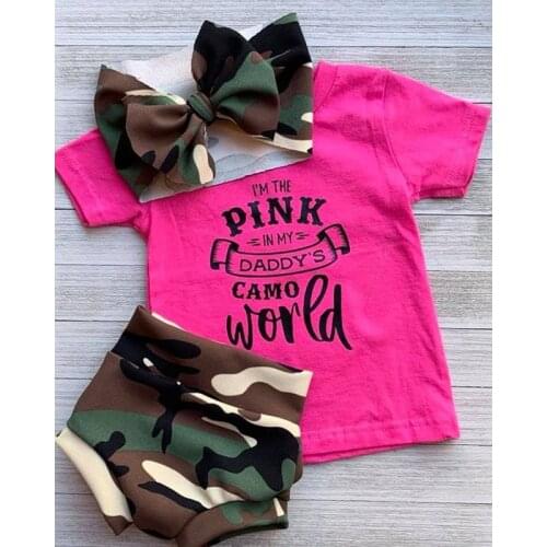 FOCUSNORM 0-24M Cute Baby Girls Clothes Sets 3pcs Letter Printed Short Sleeve T Shirts Camouflage Shorts Headband