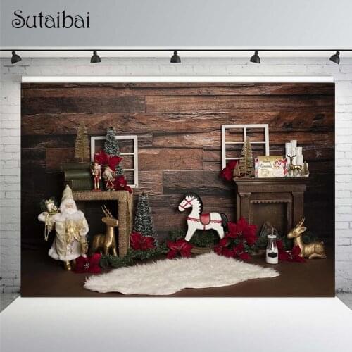 Christmas Rustic Wood Wall Photography Backdrop Santa Claus Fireplace Xmas Tree Decoration Baby Portrait Photo Background Studio
