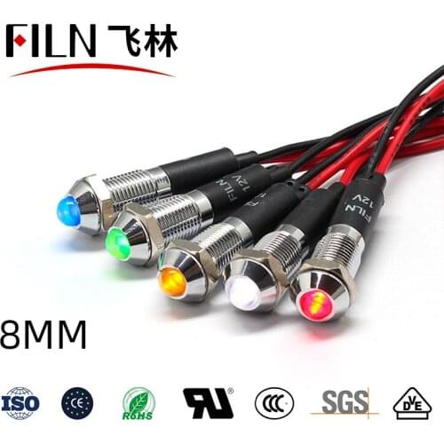 FILN Hot sale 8mm waterproof 12v 24v 220v 110v Warning Dashboard pilot lamp led indicator light with wire