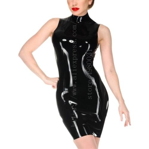 High neck & sleeveless designs womens black slim latex bondage dress what is made of 0.4mm thickness natural & flexible latex