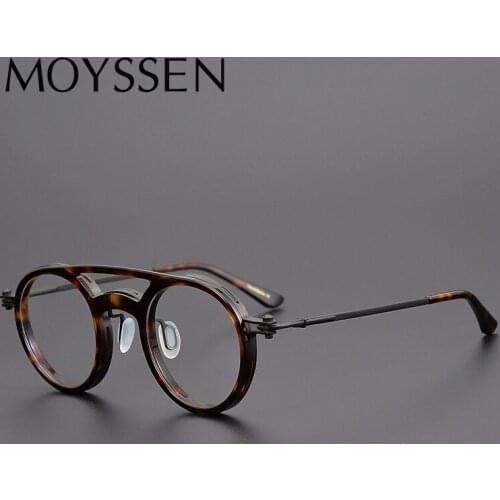 Japan Brand Designer Handmade Mens Double Beam Retro Round Titanium Frame Optical Glasses Aviation Vintage Acetate Eyeglasses