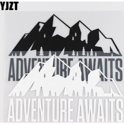 YJZT 16.2X9.7CM ADVENTURE AWAITS Car Sticker Decoration Vinyl Decal Cartoon Mountain Pattern Black/Silver 4C-0059