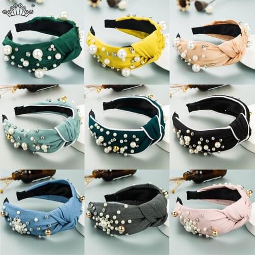 Pearl Rhinestone Bow Wide Headband Hair Accessories For Women Hair Hoop Fashion Cross Knot HairBand Bezel Headwear Headdress