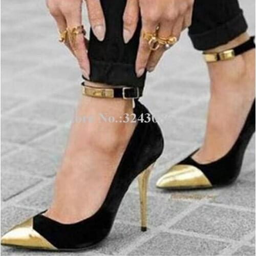 Lady Patchwork Metal Pointed Toe High Heels Shoes Woman Sexy Ankle Buckle Thin Heel Stiletto Pumps Fashion Large Size Dress Shoe
